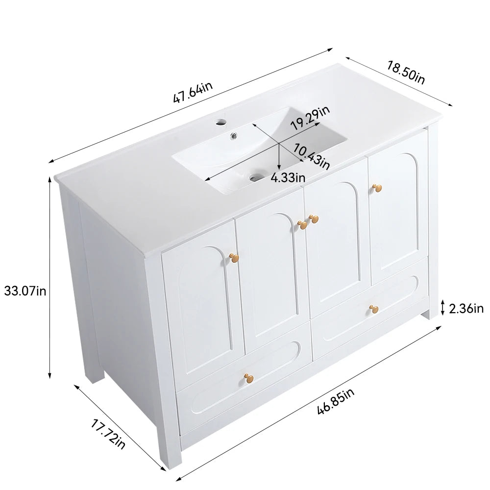 48" White Vanity Storage Cabinet with Combo Ceramic Sink and 4 Soft close doors and 2 drawers