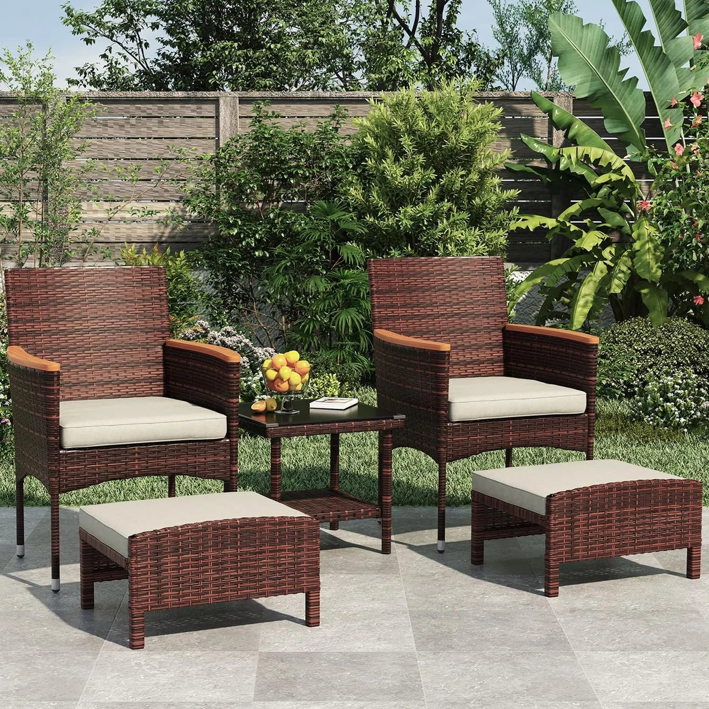 5 PCS Outdoor Bistro Wicker Table & Ottoman Patio Set