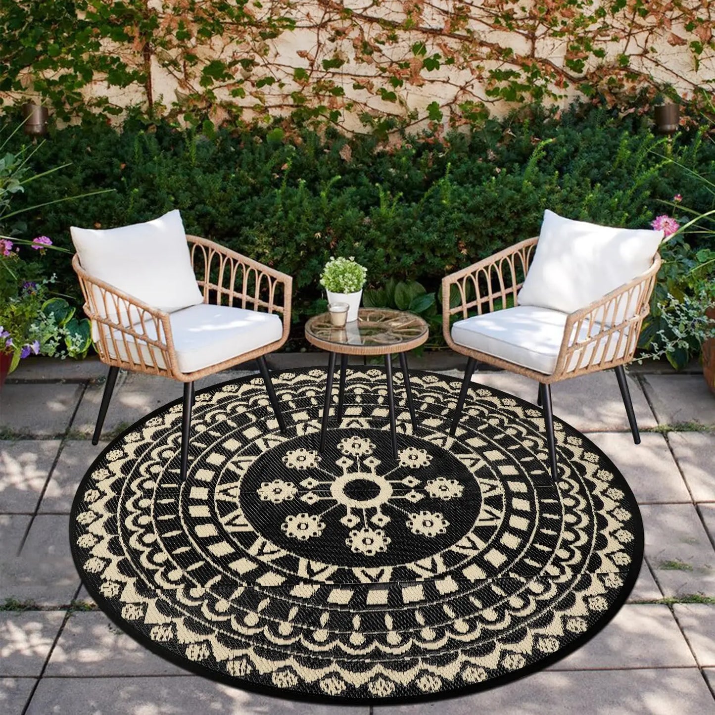 6Ft Round Reversible Waterproof Plastic Straw Boho Circle Indoor/Outside Area Rug for RV and Patio