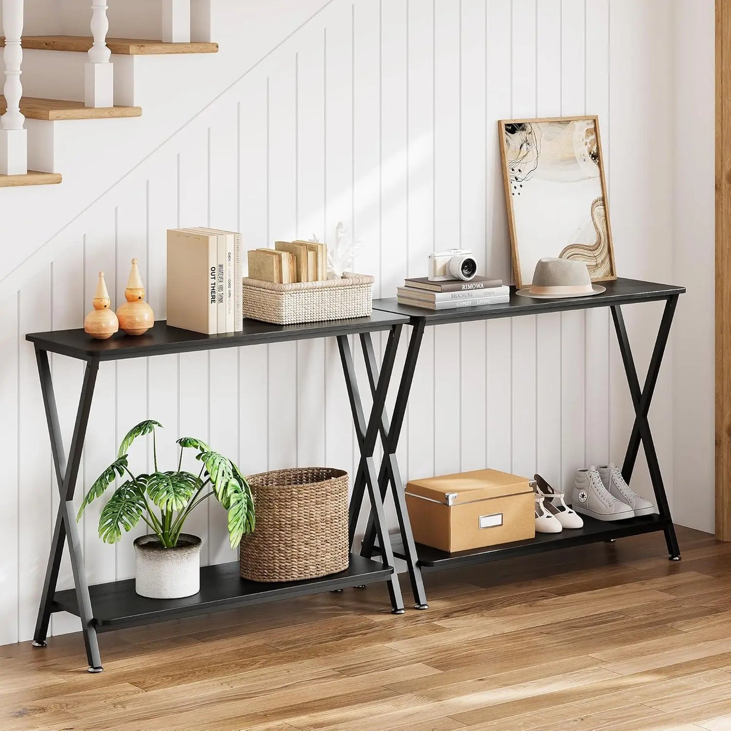 Narrow Console Metal Frame Wood Sofa 2-Tier Industrial Entryway Table with Shelf For Living Room, 80*30*81cm