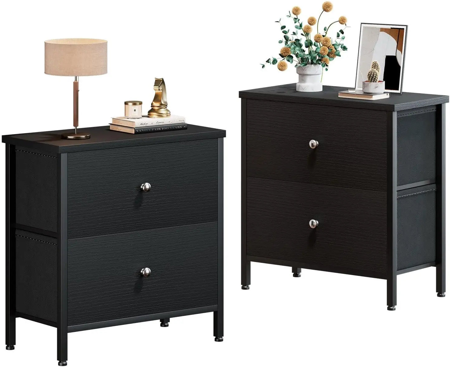 Modern Small Black Nightstands Set of 2 with 2 Fabric Drawers Dresser for Bedroom