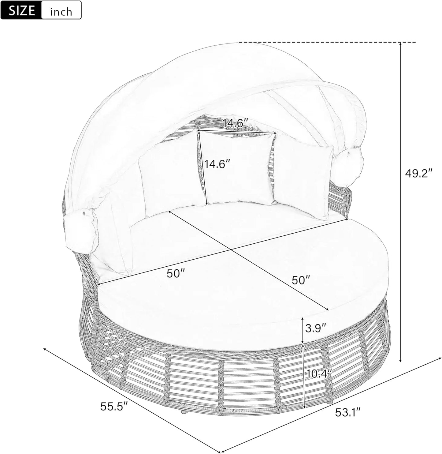 Outdoor Rattan Wicker Round Daybed with Retractable Canopy and Removable Cushions for Pool side Sunbed or Patio