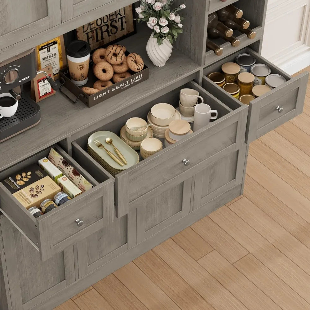 72" Tall Large Modern Kitchen Hutch Pantry Storage Cabinet with Wine Rack, Microwave Stand for Kitchen or Dining Room