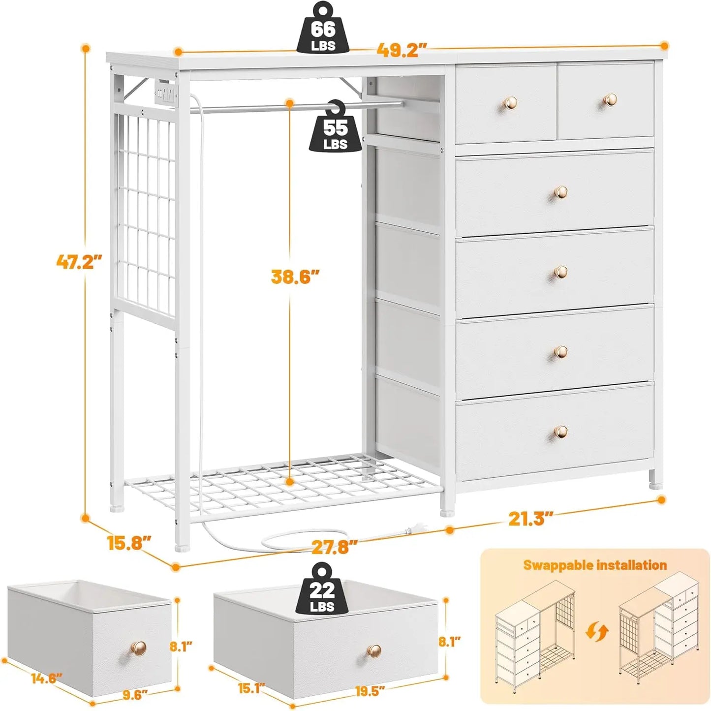 49.2" W White 6 Drawer Dresser for Bedroom with Hanging Rack, LED Lights & Charging Station, Fabric Dressers