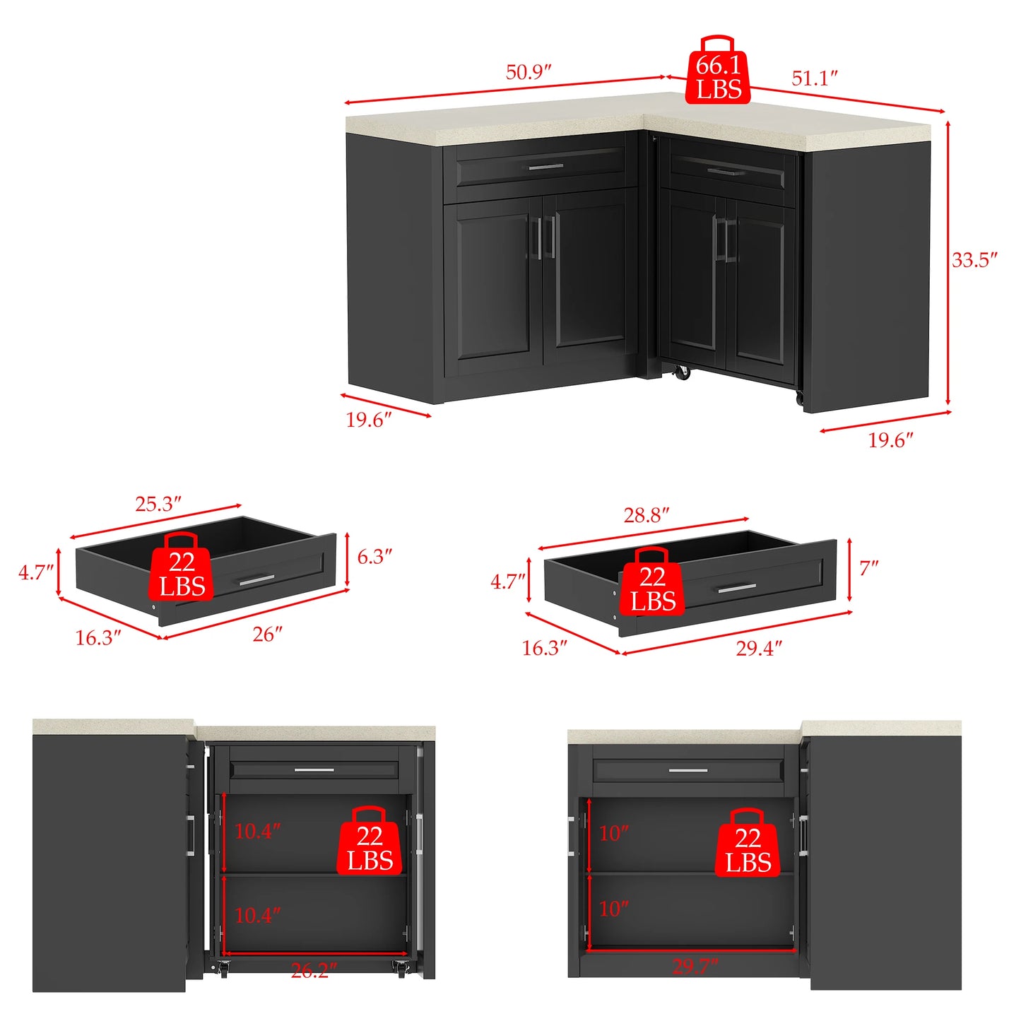 Modern L-Shaped 4-door pantry cabinet with 2 drawers and spacious countertop, black