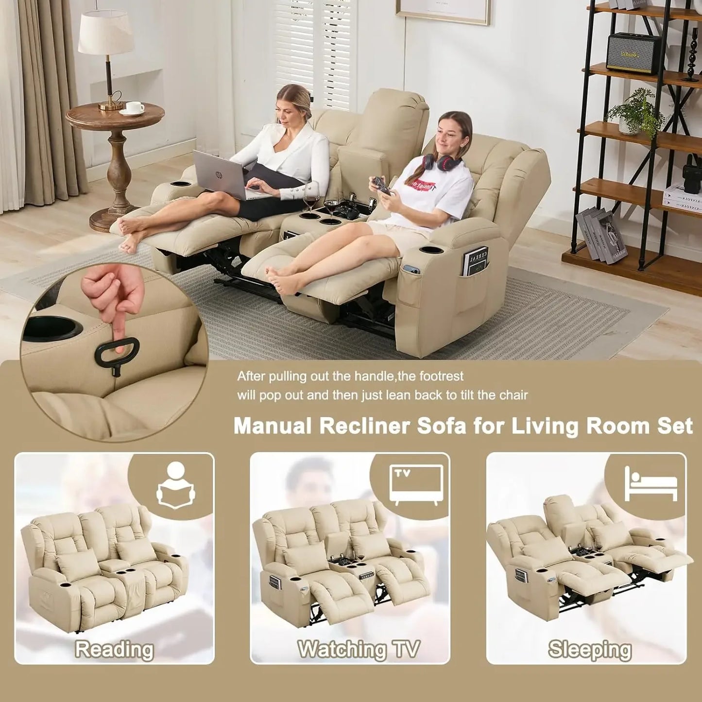 65.5" RV Loveseat Double Recliner for RV Sofa & Console | RV Couch | RV Furniture, Home Theater Seating… (Beige)