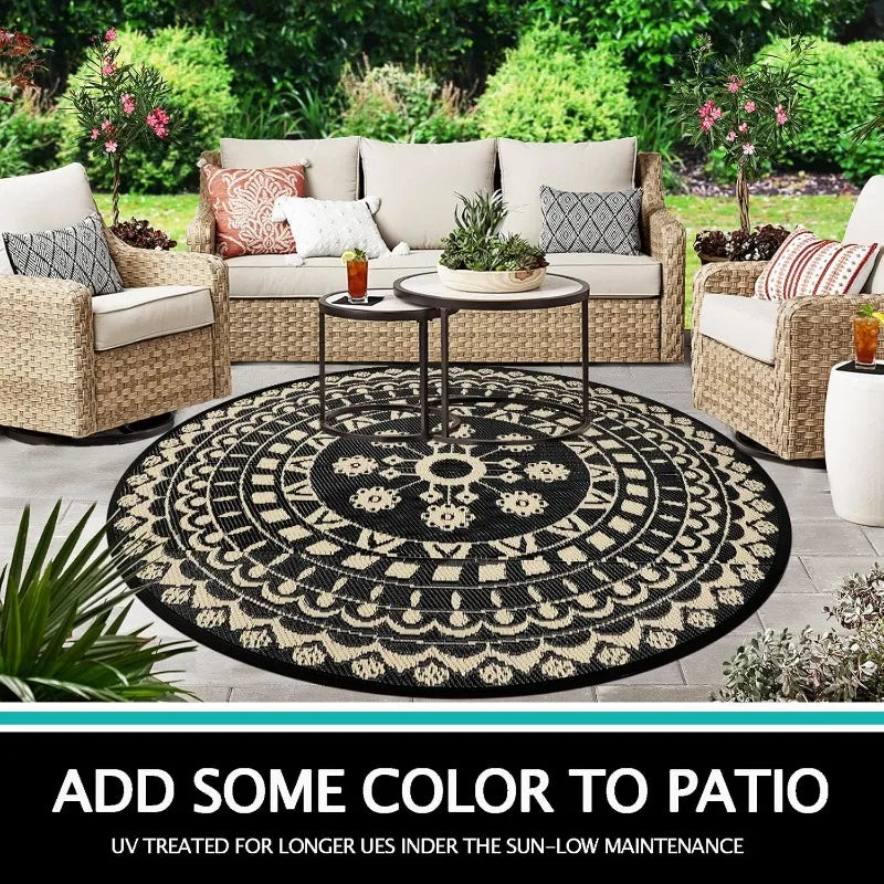 6Ft Round Reversible Waterproof Plastic Straw Boho Circle Indoor/Outside Area Rug for RV and Patio