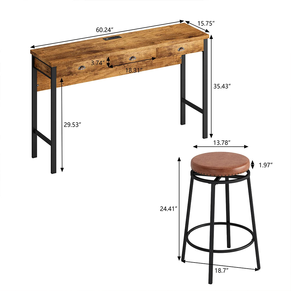 4 Pcs Dining Table Set with 3 Drawers, Power Outlets ,3 PU Stools, Wooden Bar or Kitchen Table Desk for Dining Room or Restaurant