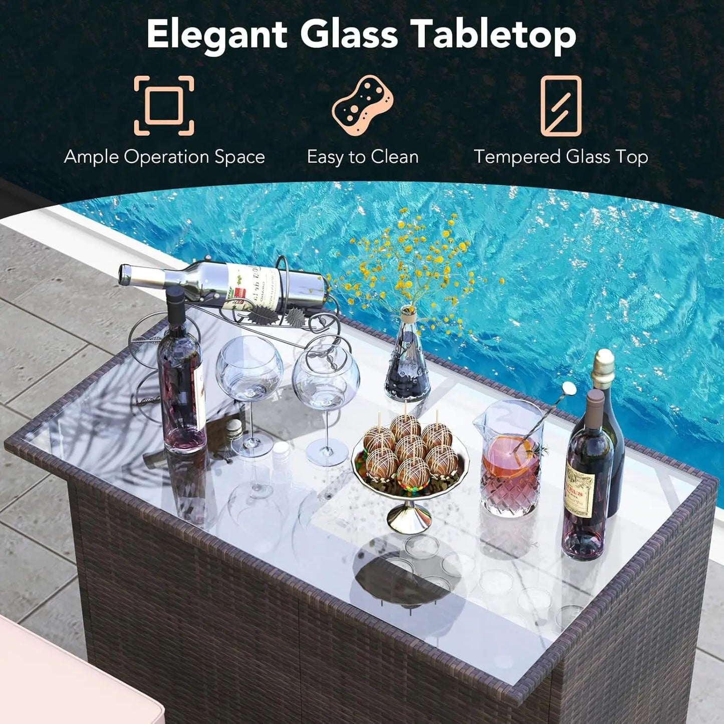 3 Piece Outdoor Rattan Patio Bar and 2 Stools with Tempered Glass Tabletop and Removable Cushions