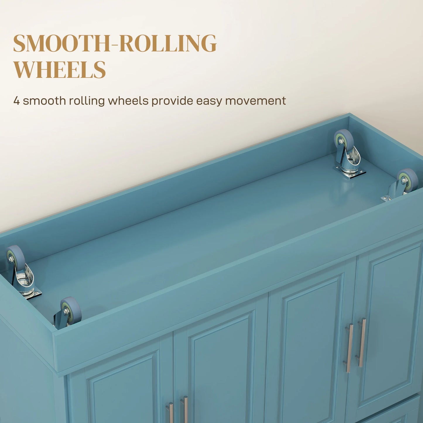 Rolling Kitchen Island with Cabinets and Drawers, Teal Blue