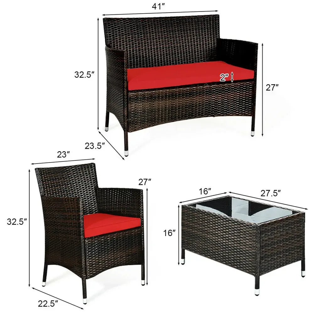 8PCS Weather and Sun Proof Rattan Patio Conversation Set w/ Red Cushion