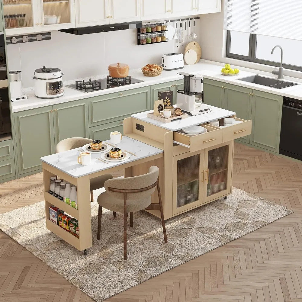 Kitchen Island and Cart with Extendable Dining Table, Marble Grain Top with Power Outlet