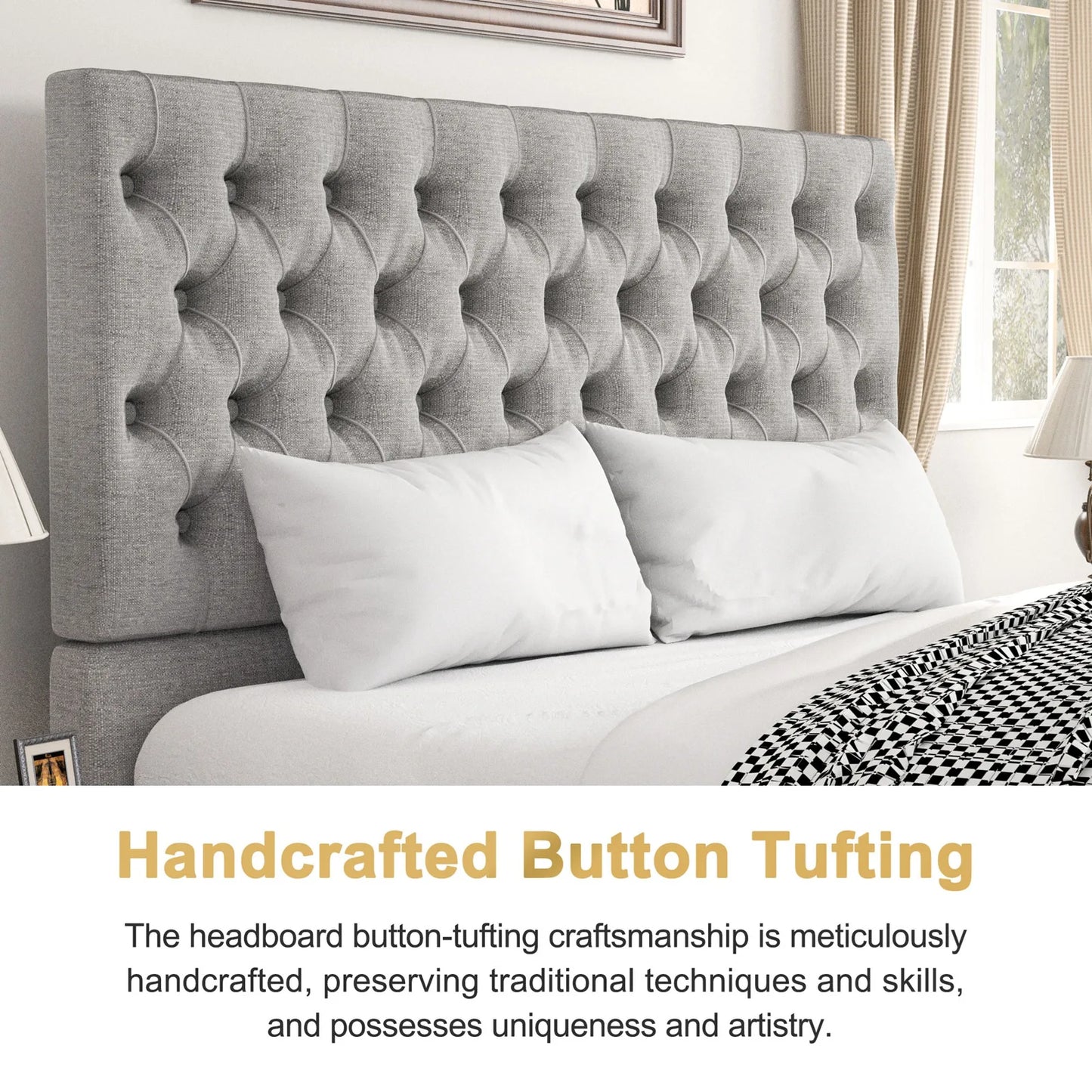 Upholstered Tufted Full Size Body Bed with Wood Slats