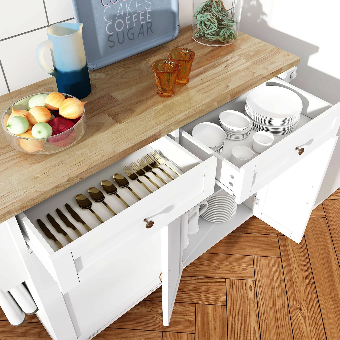 Kitchen Island Table on Wheels with Storage, Drop Leaf, Spice & Towel Rack