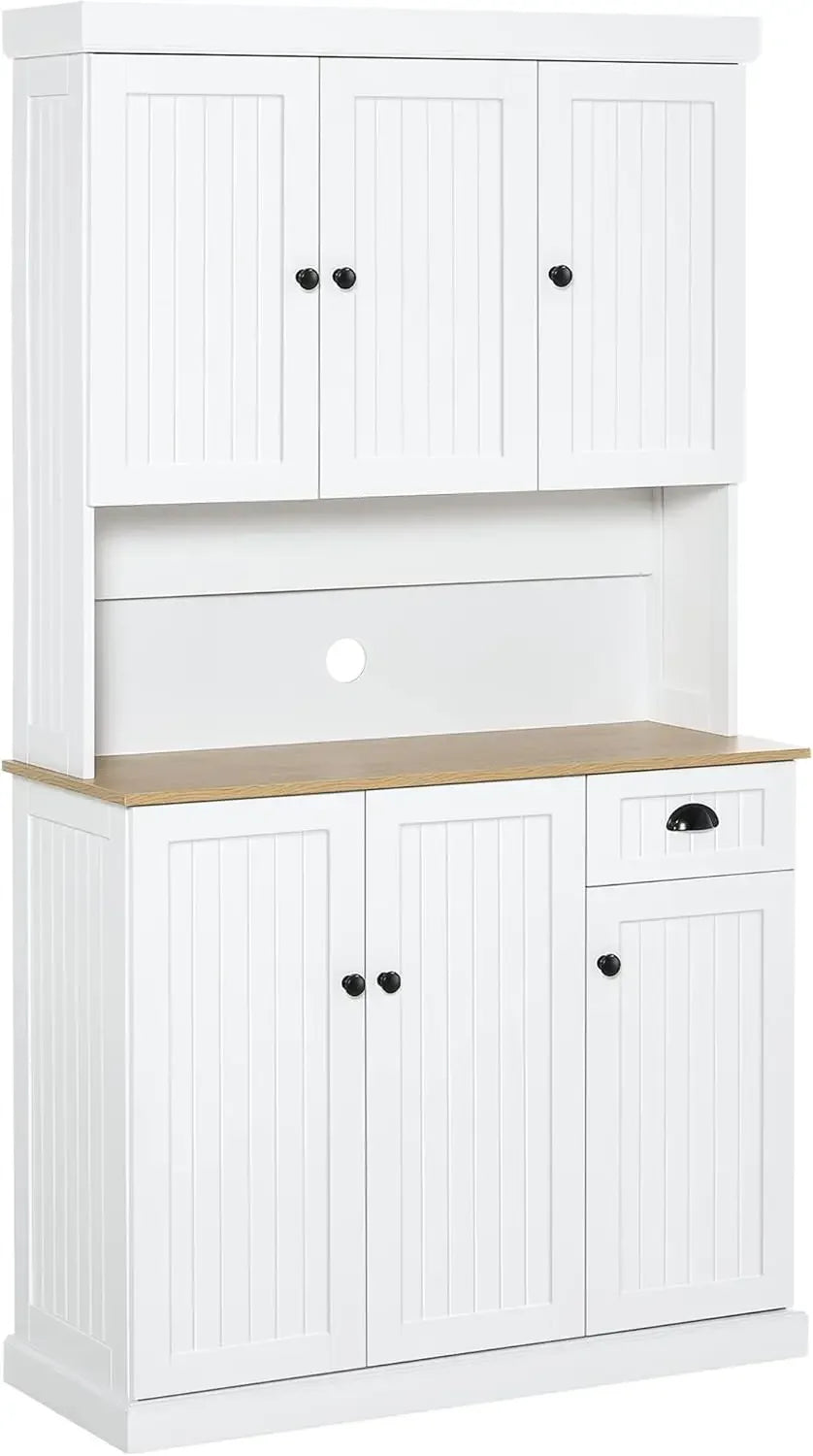 71" Modern Farmhouse Buffet Kitchen Pantry Storage Cabinet with Microwave Oven Countertop, Drawers and Hutch