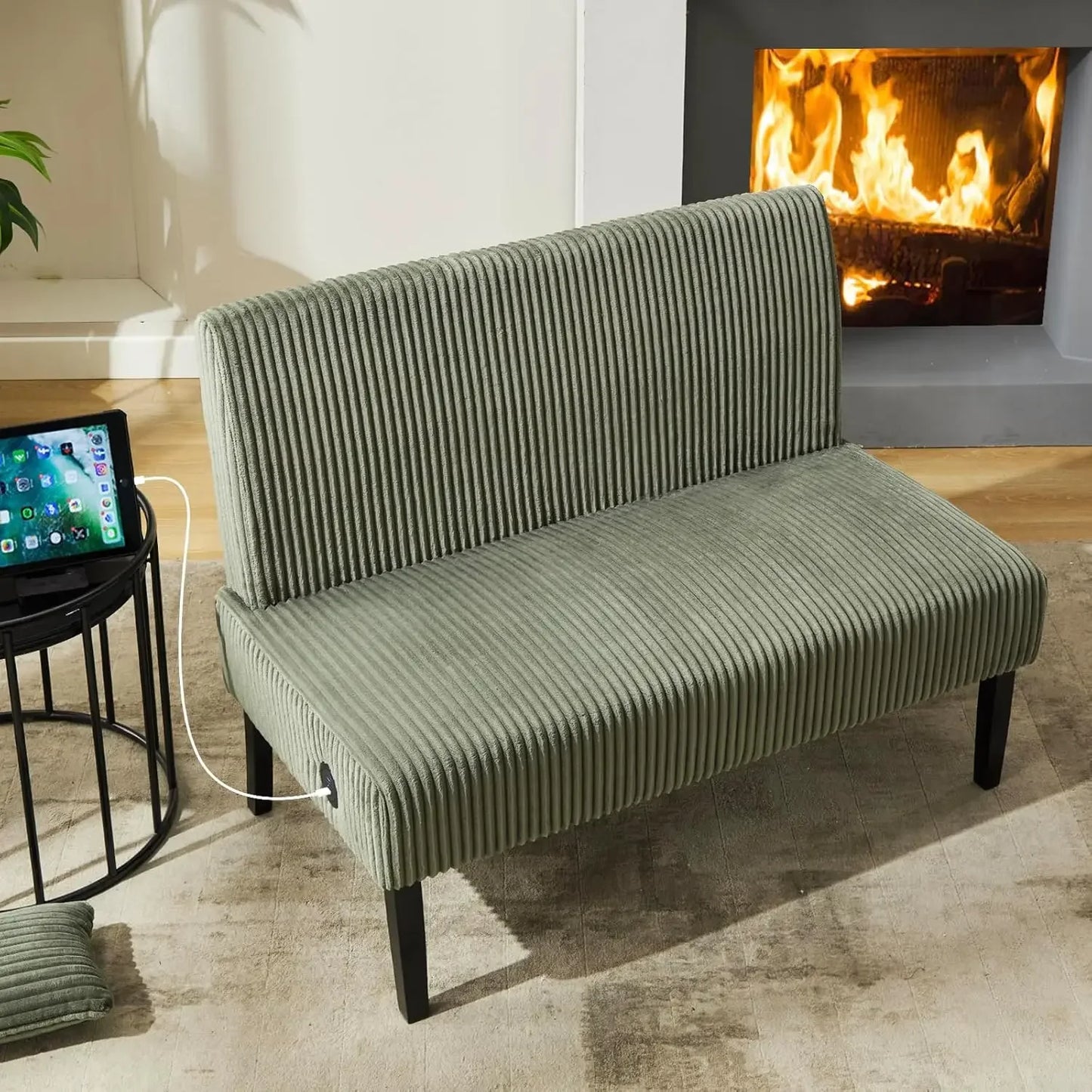 Small Velvet Comfy Armless Couch Loveseat with USB Port Sofa for Bedroom and Living Room