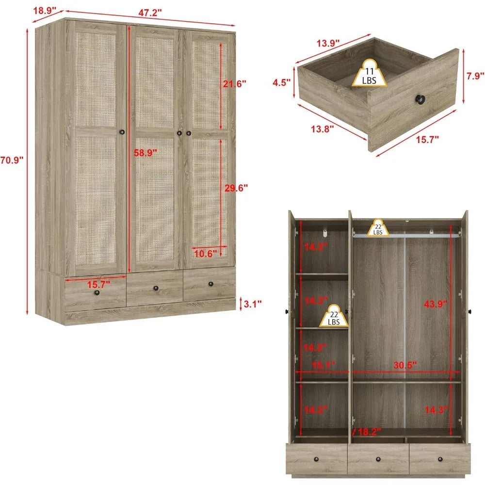 3-Door Rattan Wardrobe Armoire Closet with 3 Rattan Doors, 3 Drawers, Hanging Bar & 6 Shelves, Light Br