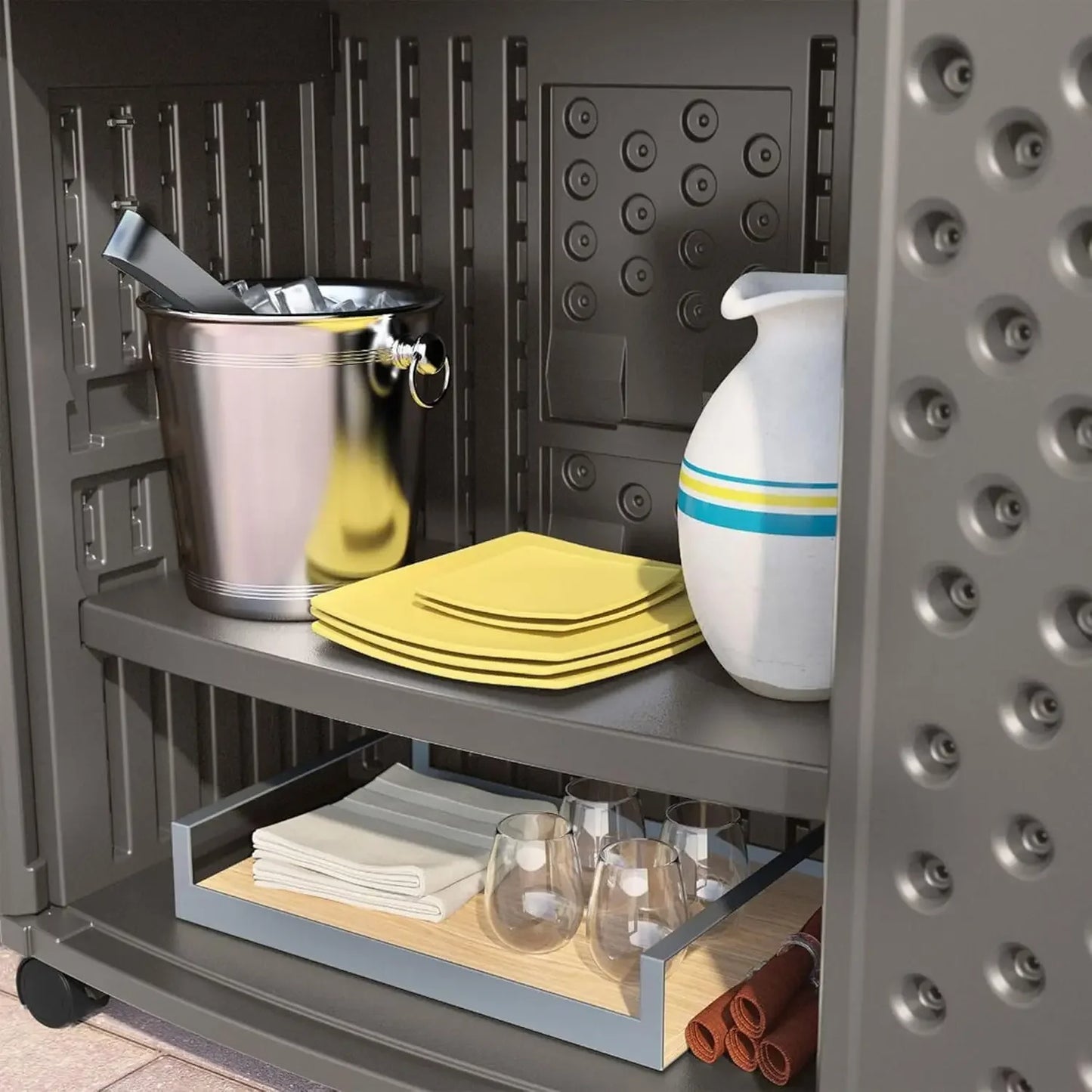 HOME.Patio Plastic Storage and Prep Station with Decorative Wicker Pattern and Multi Wall Panels for Patio, Garden, and Lawn Use