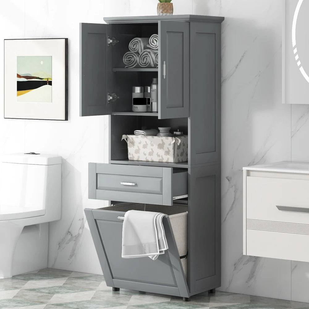 Tall Bathroom Cabinet with Laundry Basket, Large Storage Space, Tilt-Out Laundry Hamper and Upper Storage Cabinet, White
