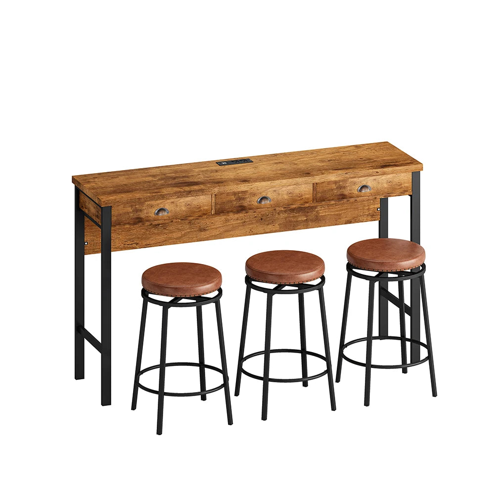 4 Pcs Dining Table Set with 3 Drawers, Power Outlets ,3 PU Stools, Wooden Bar or Kitchen Table Desk for Dining Room or Restaurant