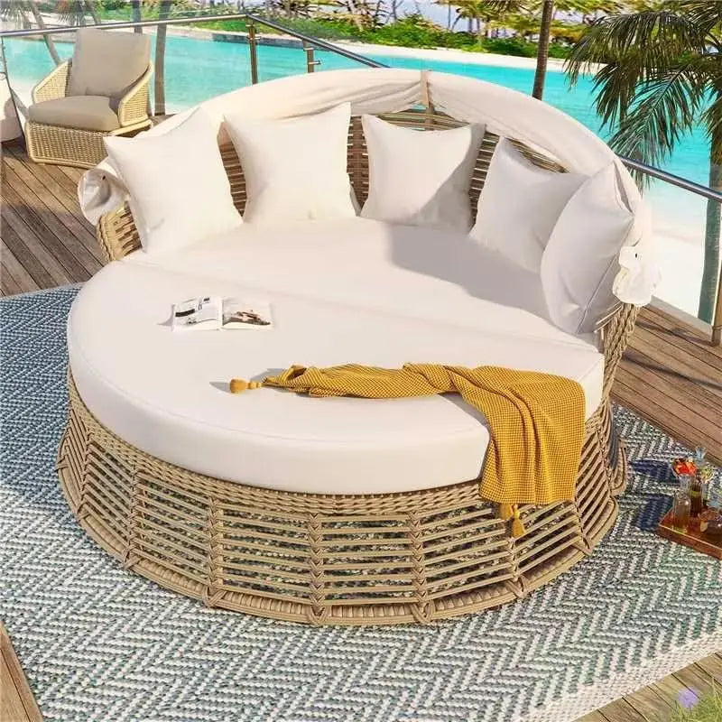 Outdoor Rattan Wicker Round Daybed with Retractable Canopy and Removable Cushions for Pool side Sunbed or Patio
