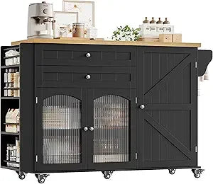 Rolling Kitchen Island on Wheels with Storage, Wood Drop Leaf Countertop and Spice Rack