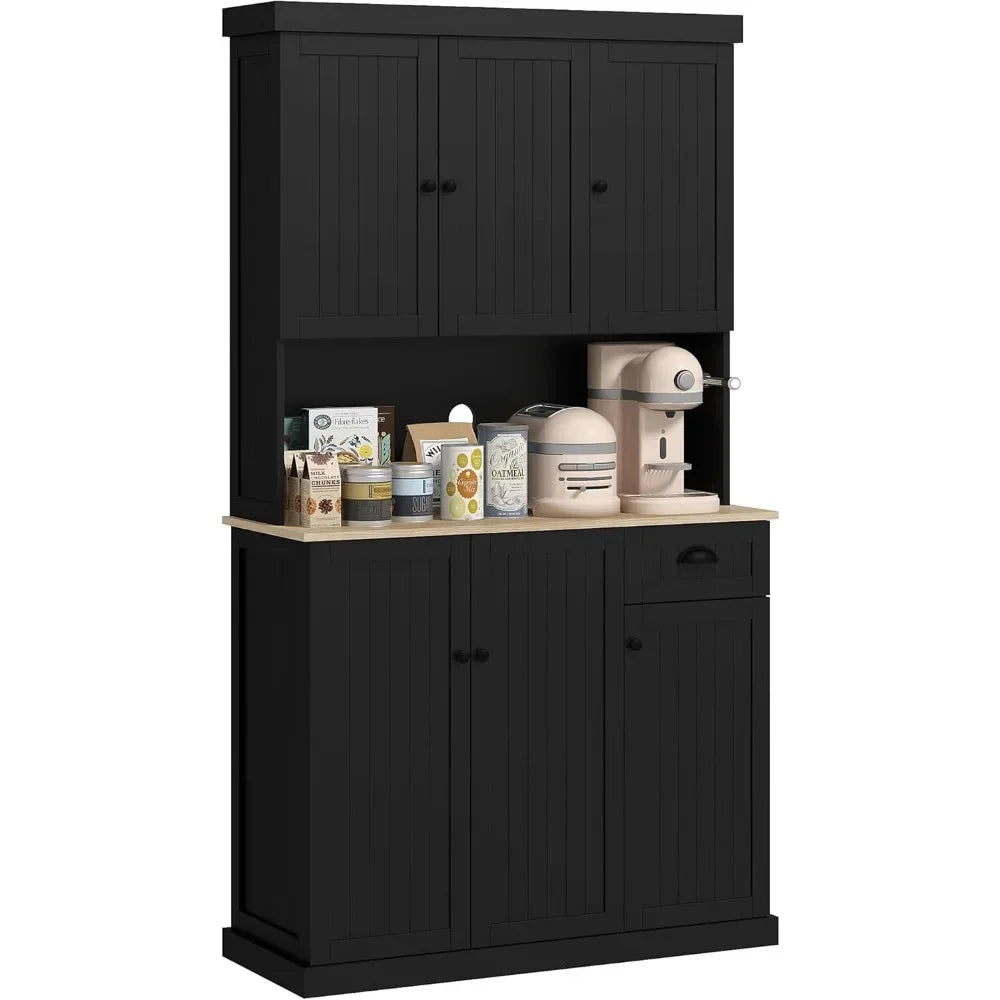 71" Modern Farmhouse Buffet Kitchen Pantry Storage Cabinet with Microwave Oven Countertop, Drawers and Hutch