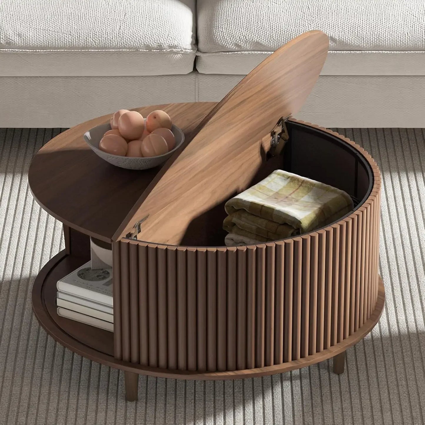 Modern Mid Century Round Coffee Table with Storage and Sliding Cabinet Door for the Living Room Home Center
