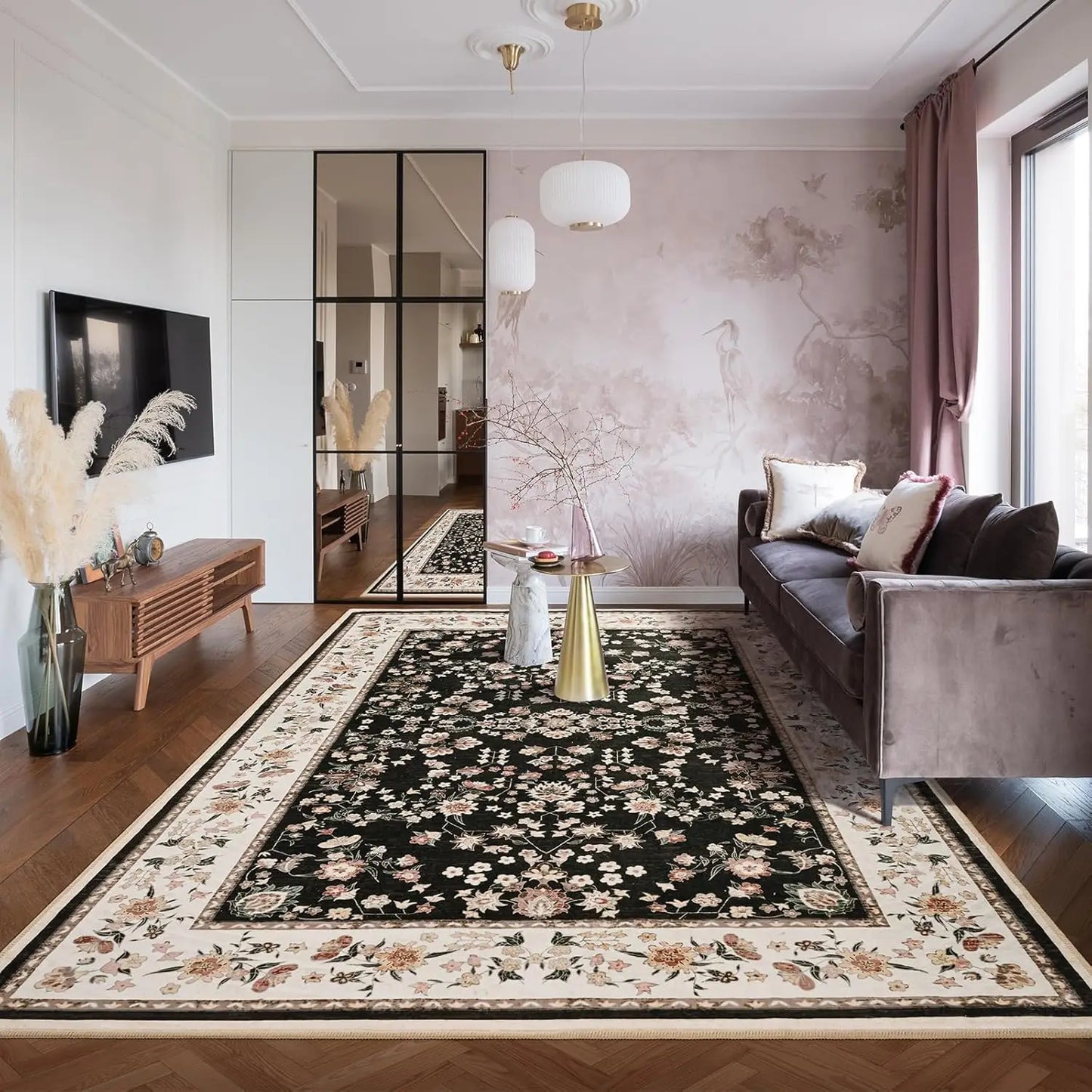 Washable Vintage Floral Print Soft Low Pile Non-Slip Rugs for Living Room and Bedroom