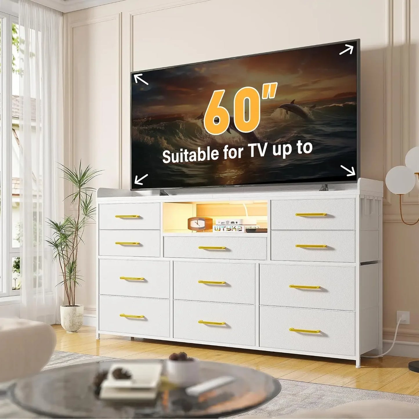 60" Long Dresser TV Stand with 11 Drawers, LED Lights, Charging Station for Bedroom