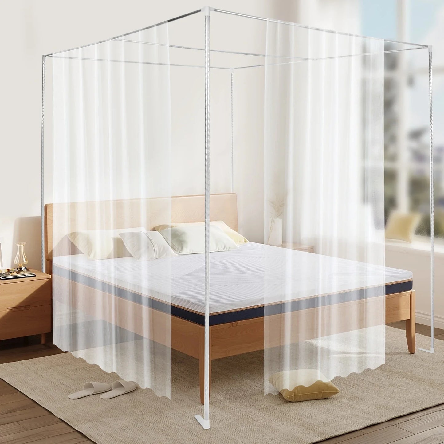 Queen Size Stainless Steel Bedding Canopy Frame with Detachable Mosquito Net for 4 Corner Bed