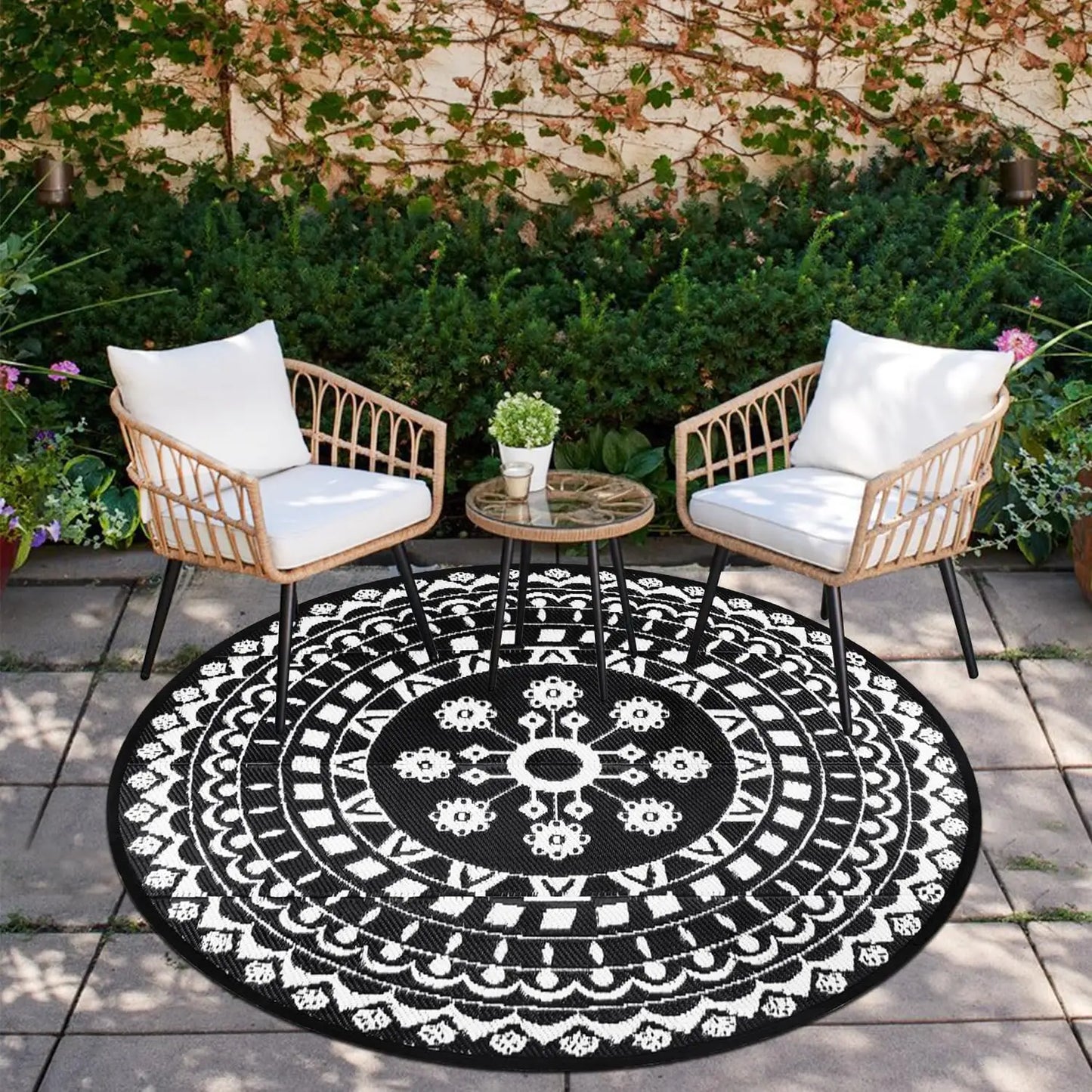 6Ft Round Reversible Waterproof Plastic Straw Boho Circle Indoor/Outside Area Rug for RV and Patio