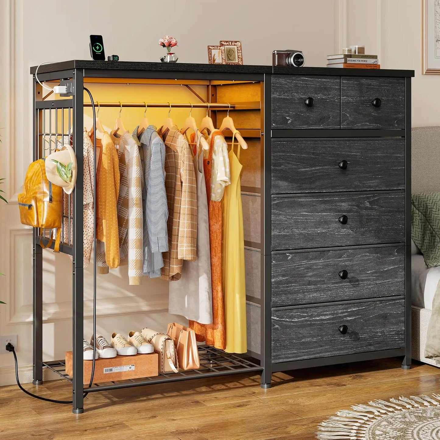 49.2" W White 6 Drawer Dresser for Bedroom with Hanging Rack, LED Lights & Charging Station, Fabric Dressers