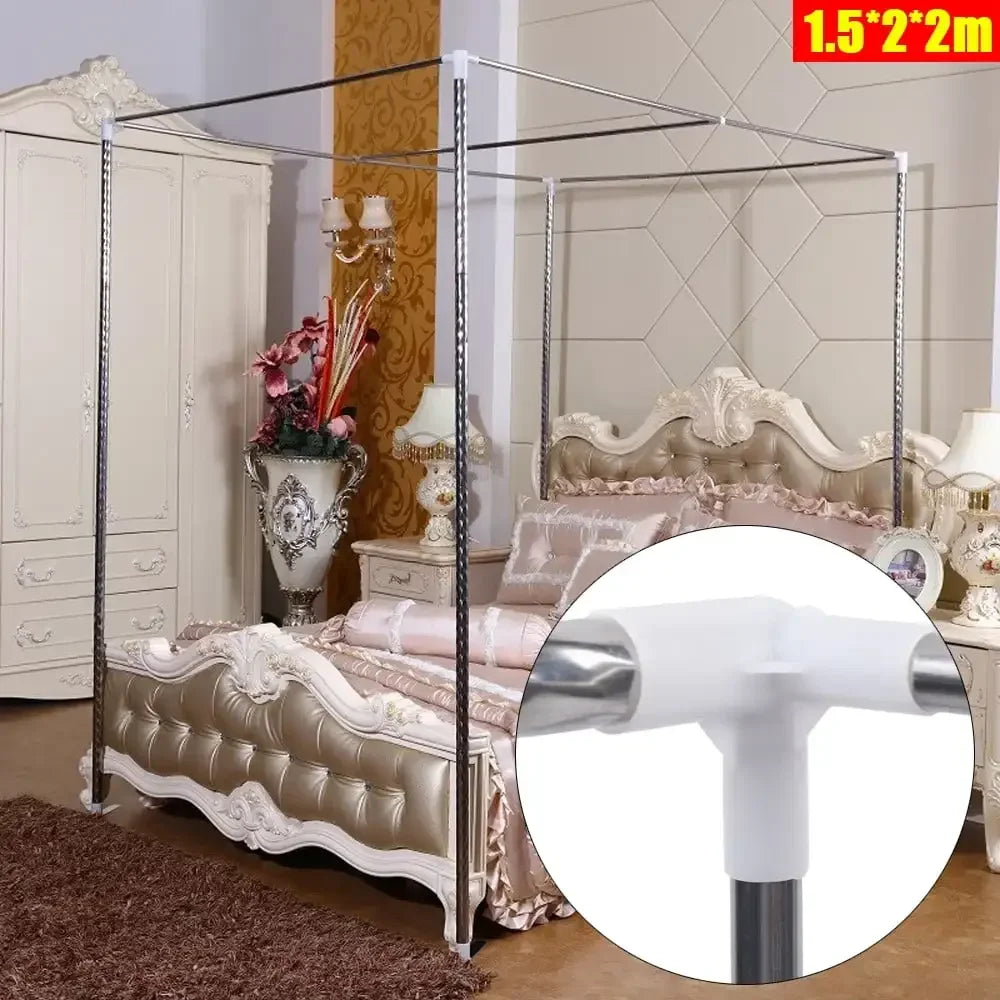 Queen Size Stainless Steel Bedding Canopy Frame with Detachable Mosquito Net for 4 Corner Bed
