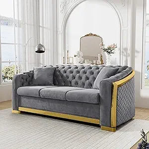 81" 3 Seater Modern Mid Century Velvet Chesterfield Blue and Gold Luxury Curved Loveseat and Sofa Couch for Living Room