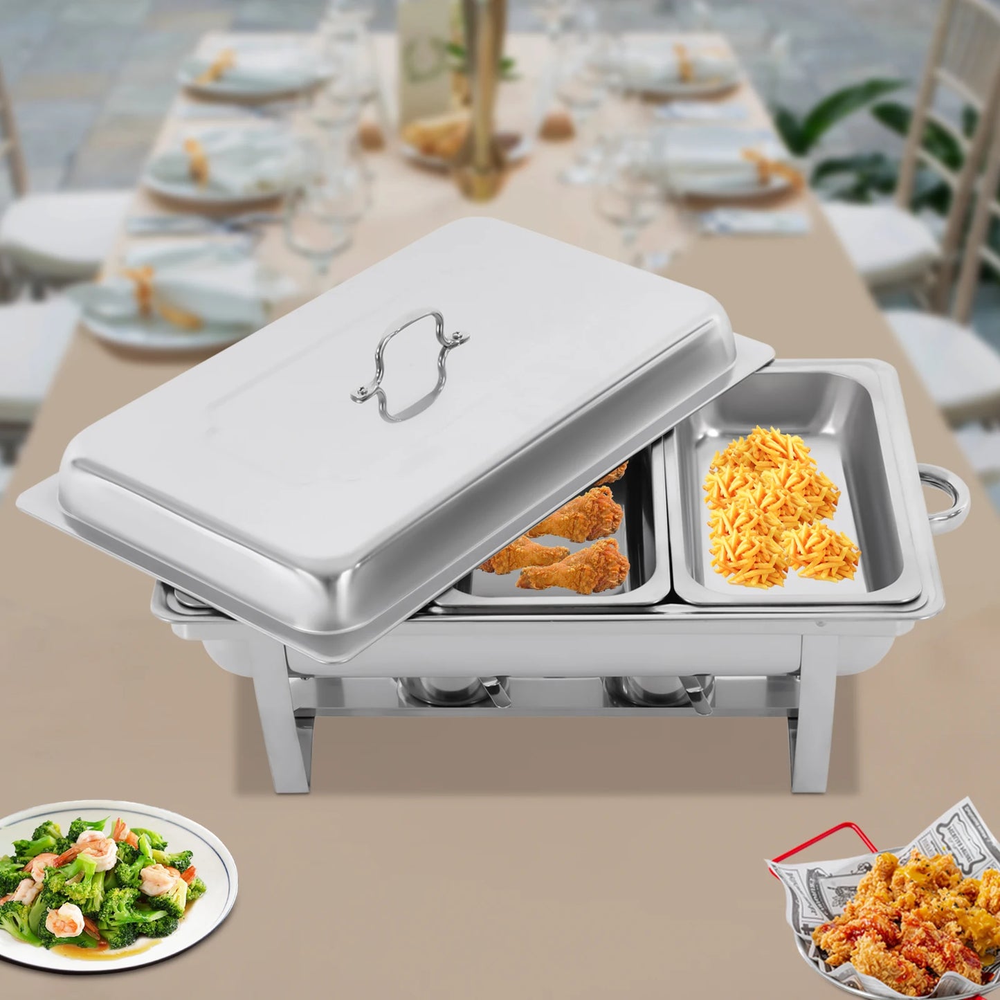 7.5L Rectangular Stainless Steel Buffet Chafing Dish Warmer with Folding Frame for Party Banquet