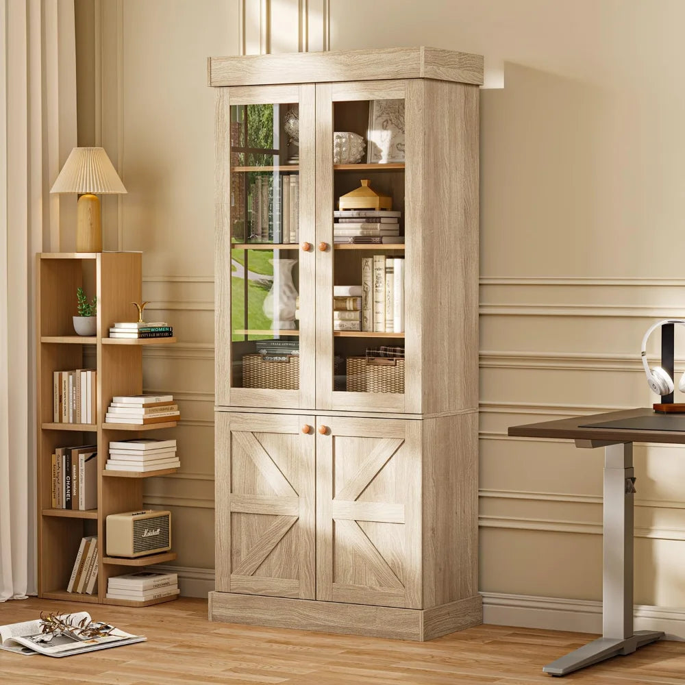 71" Tall Farmhouse Set of 3 Large Storage Cabinets with Glass Doors & Adjustable Shelves, Versatile Wood Hutch