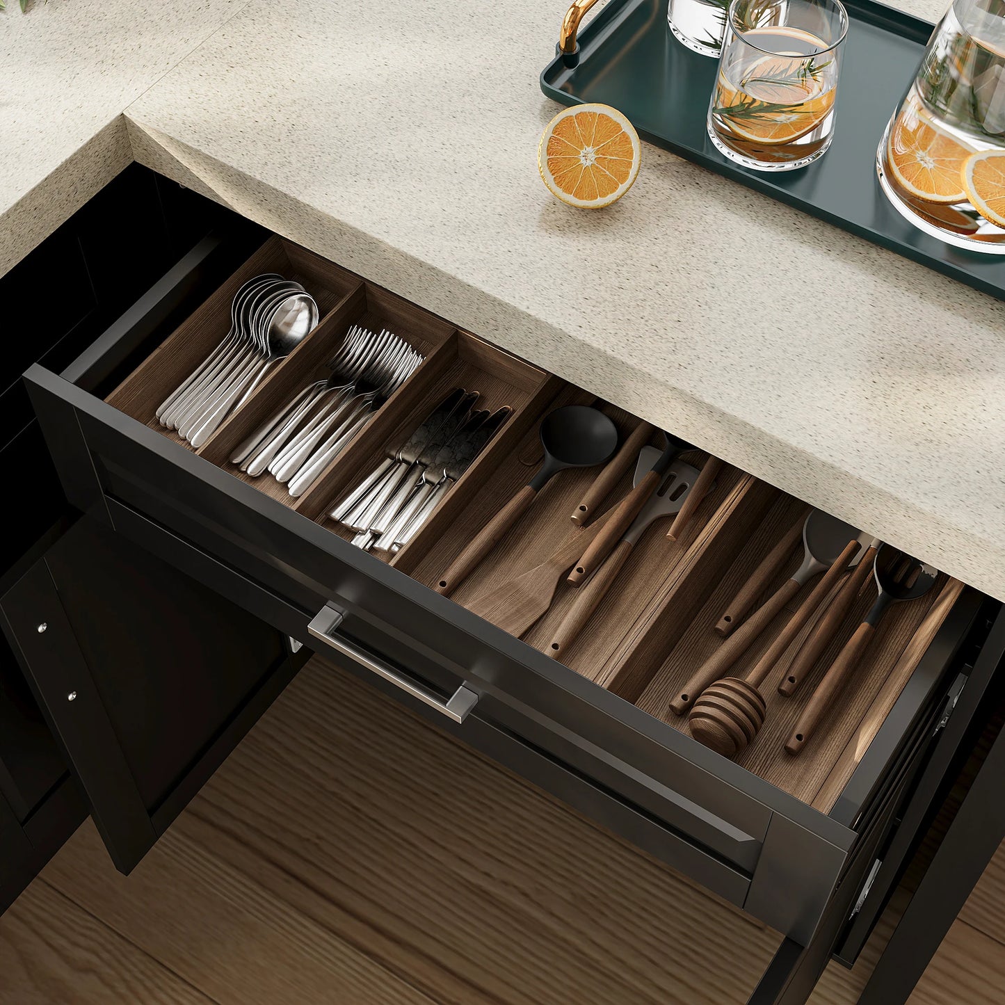 Modern L-Shaped 4-door pantry cabinet with 2 drawers and spacious countertop, black
