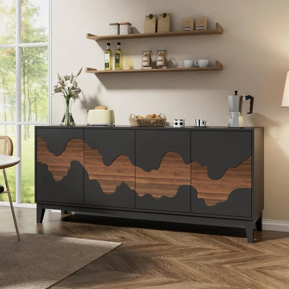 Modern 4 Door Sideboard Buffet Cabinet with Brown Water Stream Patterns Design - Versatile Storage Solution for Kitchen