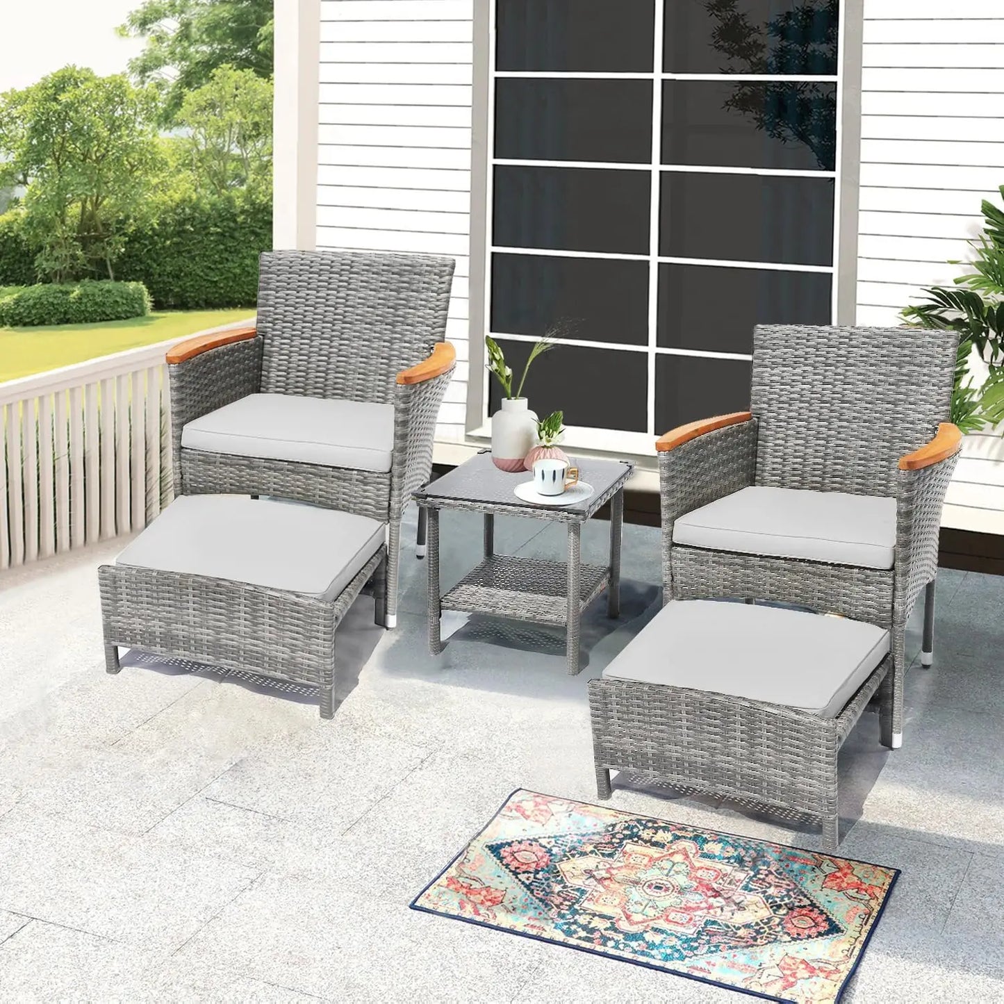 5 PCS Outdoor Bistro Wicker Table & Ottoman Patio Set