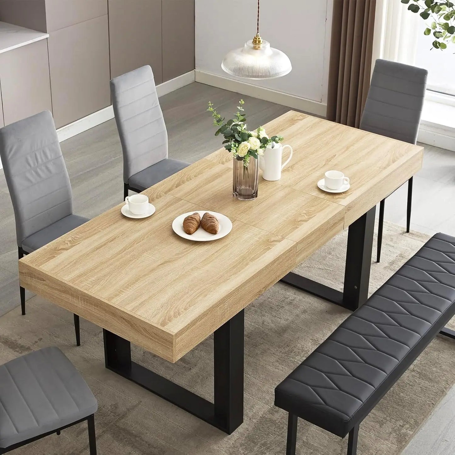 63"-79" Extendable Modern Wooden Farmhouse Dining-table