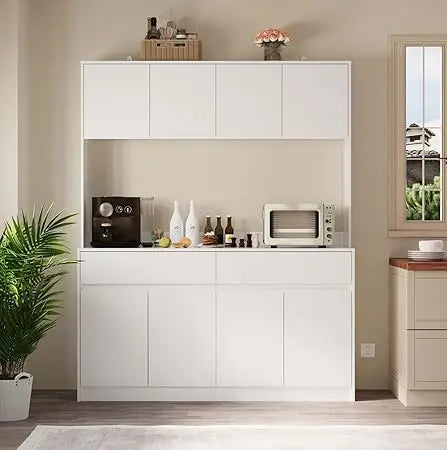 71" Kitchen Pantry Cabinet Hutch with Microwave Stand, Buffet Cabinet with Large Storage Drawers for Dining Room (White