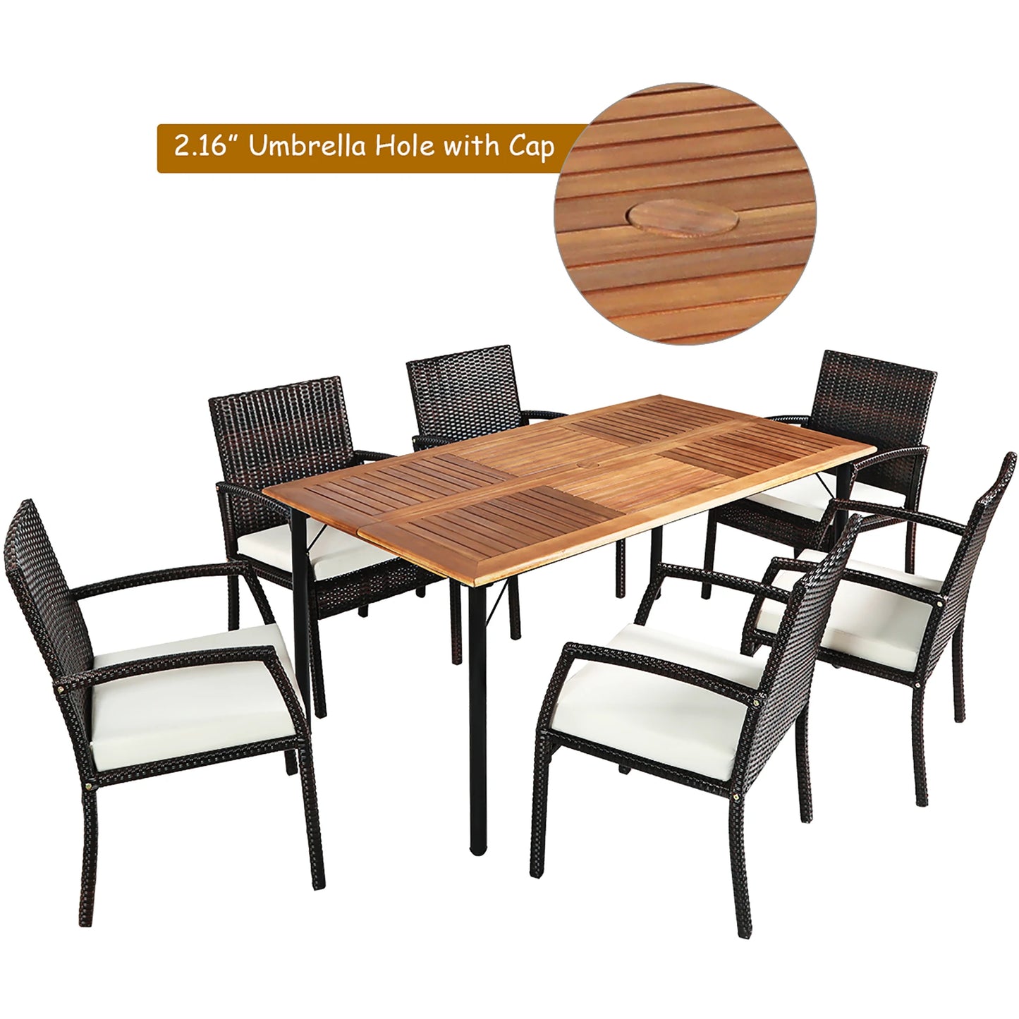 7PCS Rattan Patio Dining Set Wooden Chairs, Table Top W/Umbrella Hole