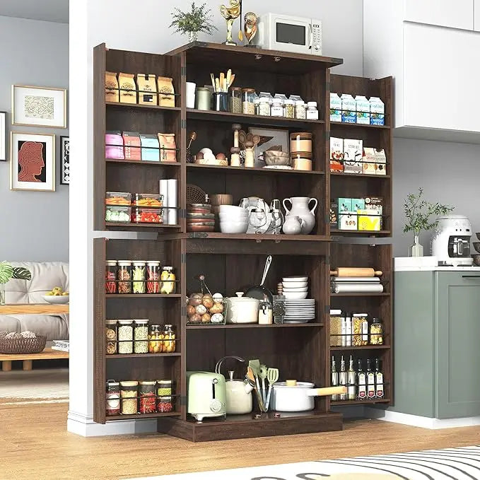 71" Tall Farmhouse Rustic Wood Kitchen Pantry Cabinet with Adjustable Shelves & 4 Barn Doors & Drawers