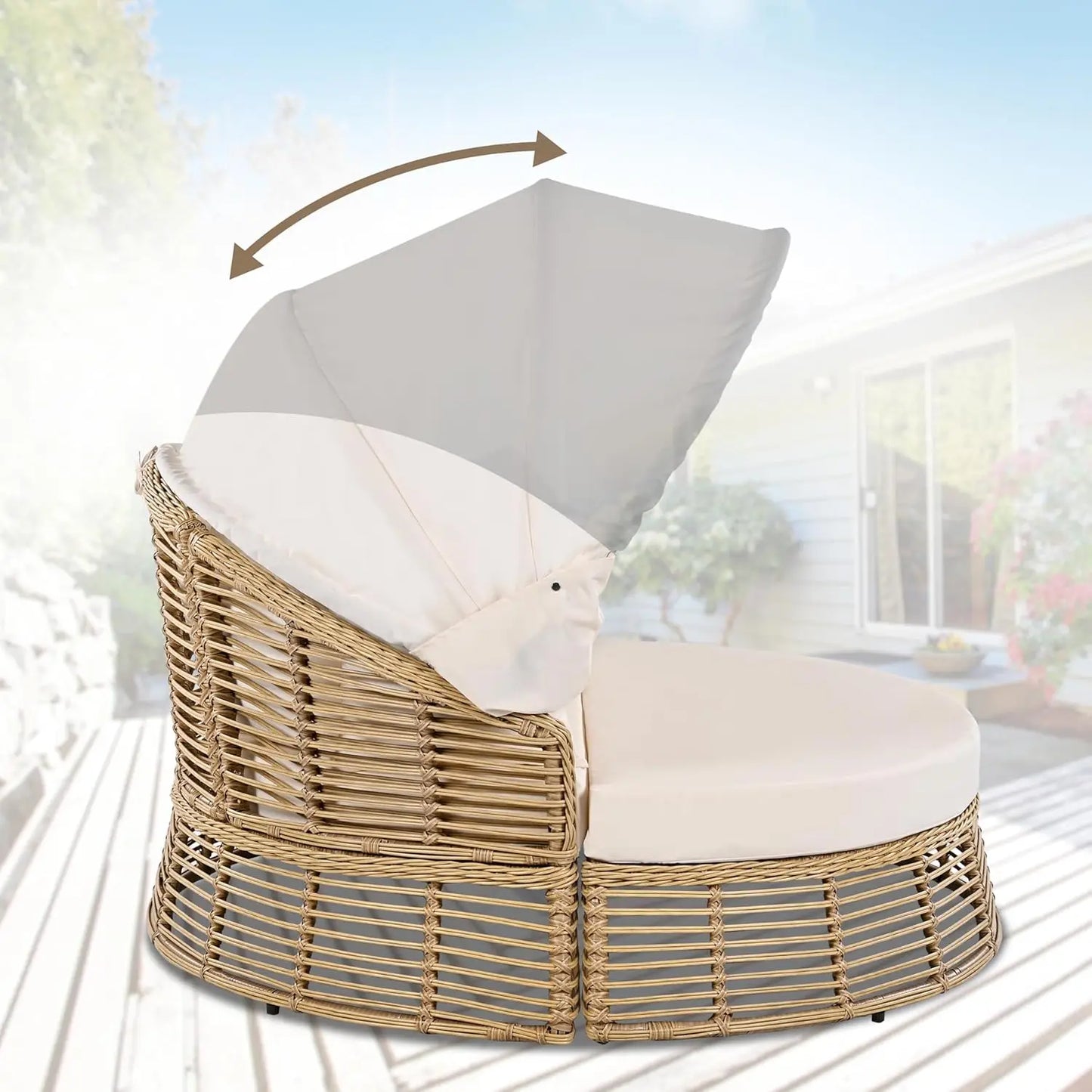 Outdoor Rattan Wicker Round Daybed with Retractable Canopy and Removable Cushions for Pool side Sunbed or Patio