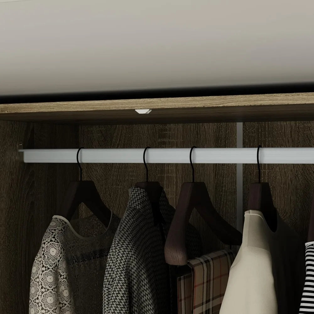 3-Door Rattan Wardrobe Armoire Closet with 3 Rattan Doors, 3 Drawers, Hanging Bar & 6 Shelves, Light Br