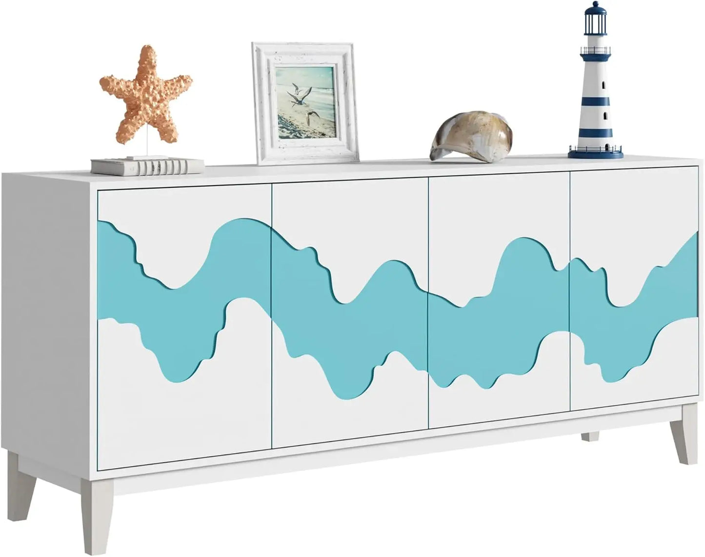 Modern 4 Door Sideboard Buffet Cabinet with Brown Water Stream Patterns Design - Versatile Storage Solution for Kitchen