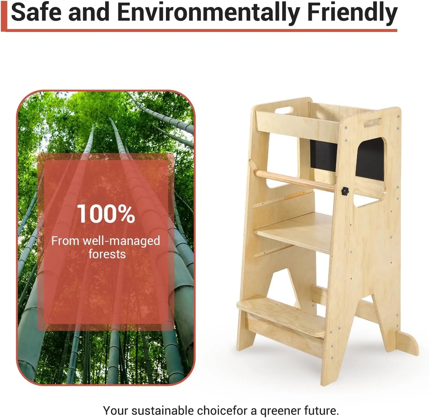 Wooden Toddlers Kitchen Step Stool with Blackboard & Safety Rails and Adjustable Montessori Learning Helper