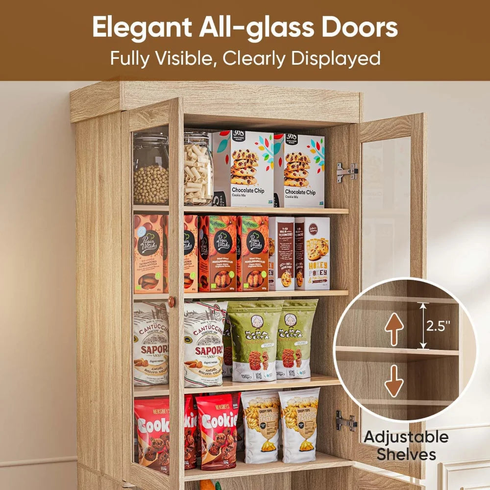 71" Tall Farmhouse Set of 3 Large Storage Cabinets with Glass Doors & Adjustable Shelves, Versatile Wood Hutch