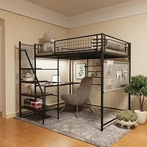 Heavy Duty Metal Loft Bed Full Sze Frame with Staircase, Built-in Charging Station and LED Lighting for Bedroom